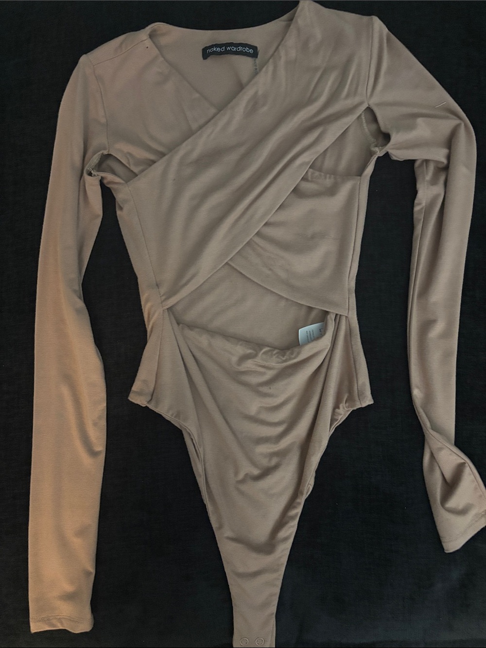 naked wardrobe Taupe Long Sleeve Wrap-Front Bodysuit